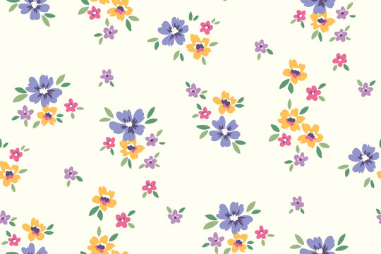 Seamless floral pattern, rustic ditsy print with cute spring botany in liberty arrangement. Pretty botanical design: small hand drawn flowers buds, tiny leaves on white background. Vector illustration
