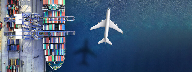 Aerial drone ultra wide top down concept photo of container terminal and plane flying above indicating popular cargo means of transport