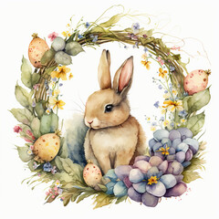 Beautifully watercolor painting of a bunny surrounded by a wreath of colorful flowers and leaves on white background, Generative AI