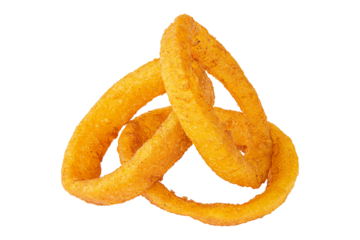 Onion rings. Deep fried onion rings. Breaded crispy vegetable. Snack for beer or vine. Fast food Restaurant. Junk food. Cooked tasty appetizer meal. Fried squid rings. White Isolated background.