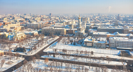 Kharkiv, Ukraine - January 20th, 2021: Aerial view to the central part of the city with historic buildings and city administration