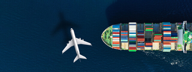 Aerial drone concept top down photo of container terminal port and plane flying above indicating...