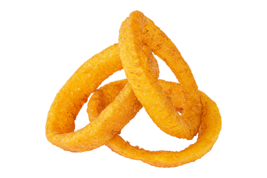 Onion rings. Deep fried onion rings. Breaded crispy vegetable. Snack for beer or vine. Fast food Restaurant. Junk food. Cooked tasty appetizer meal. Fried squid rings. White Isolated background.