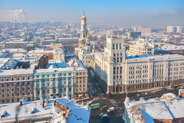 Kharkiv, Ukraine - January 20th, 2021: Aerial view to the central part of the city with historic buildings and city administration - 581215948