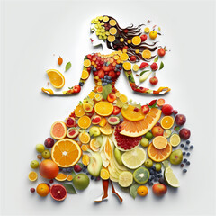 Woman made out of fruits on white background. Generate Ai