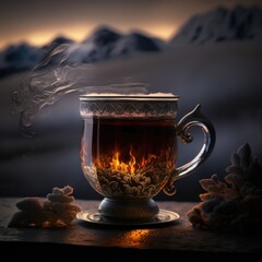 cup of hot tea on the snow background