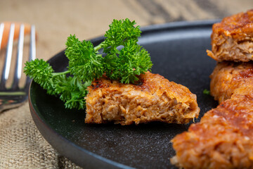 Tasty vegan burgers made from vegetarian plant based soya beans imitation meat