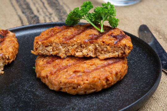Tasty vegan burgers made from vegetarian plant based soya beans imitation meat