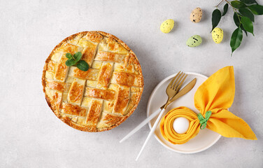 Easter breakfast in Italy whit cake from Naples and Pastiera neapolitan cake , top view