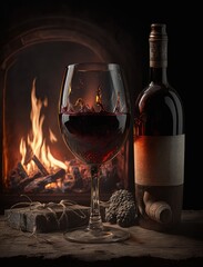 red wine in front of the burning fireplace in winter, bottle and glass of red wine