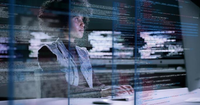 Woman, programming and coding at night on computer dashboard for software or application at office. Female programmer working late on code or program for cybersecurity, UX or UI hologram at workplace