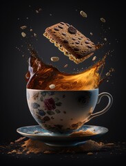 splashing tea and cookies flying out of cup