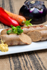 Tasty vegan sausages made from vegetarian plant based soya beans imitation meat