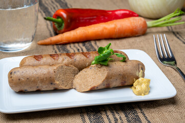 Tasty vegan sausages made from vegetarian plant based soya beans imitation meat
