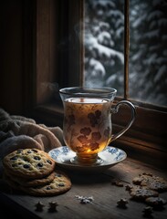 healthy vegan tea in winter landscape and cookies