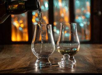 Pouring in tulip-shaped tasting glass Scotch single malt or blended whisky