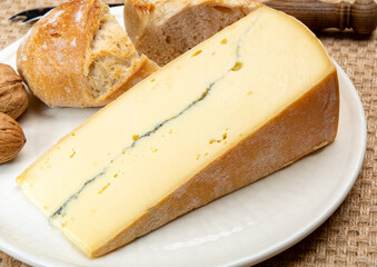 Cheese collection, French Morbier semi-soft cow milk cheese with black mold layer