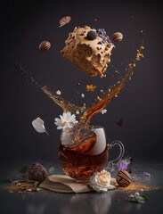 splashing tea and cookies flying out of glass cup