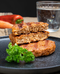 Tasty vegan burgers made from vegetarian plant based soya beans imitation meat