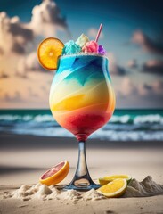 colorful alcoholic cocktail on the beach at sunset, sky and sea, drink