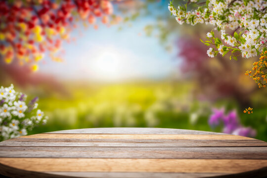 Empty wooden table in the field with a spring landscape, for product presentation