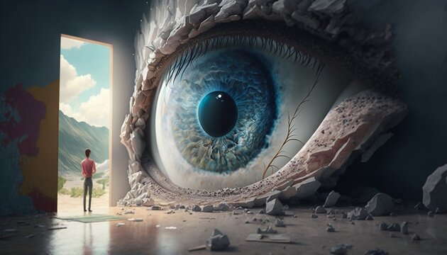 A large surreal eye has pierced the wall and is looking at a person leaving the room