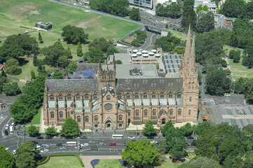 Fototapeta na wymiar Cityscape of Sydney St Mary's Cathedral view from Tower.