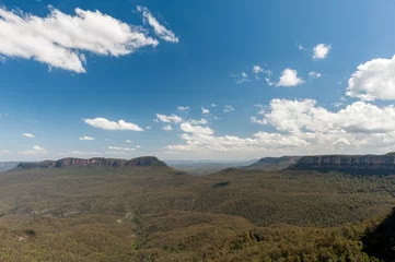 Cercles muraux Trois sœurs Blue Mountains in Sydney, Australia. Cloudy Blue Sky and Shadows, Wide Angle.