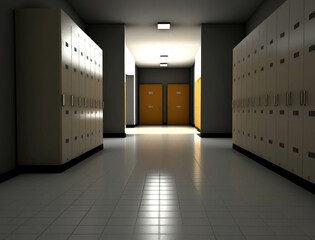 An empty school hall with a row of tall lockers lined up symbolizing the learning journey. Lifestyle concept. AI generation.