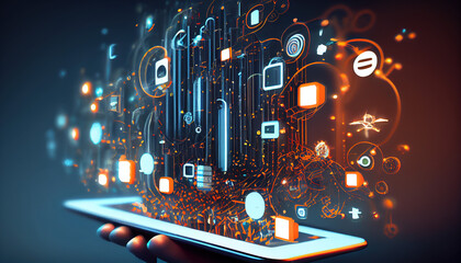 Fototapeta premium A virtual Smart Device with icons and connection line for data exchange from globalization innovation technology Digital contents concept Communication network - Generative AI