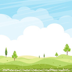 Spring Background, Green Grass Field Landscape with Mountain,Blue Sky and Clouds,Panorama Nature  Summer rural in with pine Trees on hill.Cute Cartoon vector illustration backdrop banner for Easter