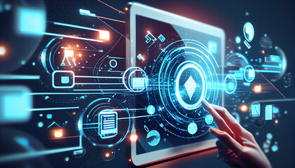 A virtual Smart Device with icons and connection line for data exchange from globalization innovation technology Digital contents concept Communication network - Generative AI