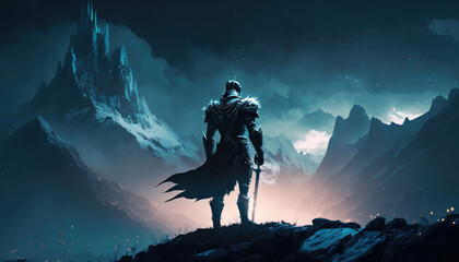 A knight in cold dark armor stands atop a mountain of shadows. Fantasy art. AI generation. - obrazy, fototapety, plakaty