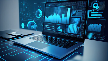 Digital image of background with charts and graphs, blending with laptop, blue tone color- Generative AI