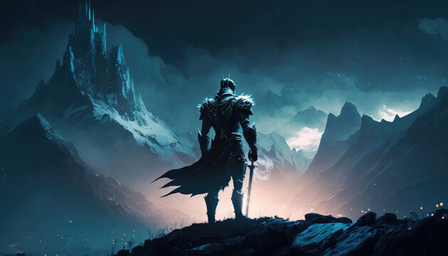 A knight in cold dark armor stands atop a mountain of shadows. Fantasy art. AI generation.