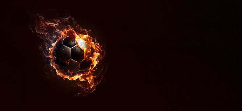 Long banner, black background. soccer ball on fire on a black background. realistic style