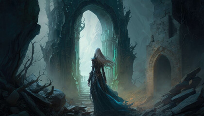 Obraz na płótnie Canvas An elf clad in midnight silk winds its way through the crumbling ruins of a castle an aura of mystery surrounding it. Fantasy art. AI generation.
