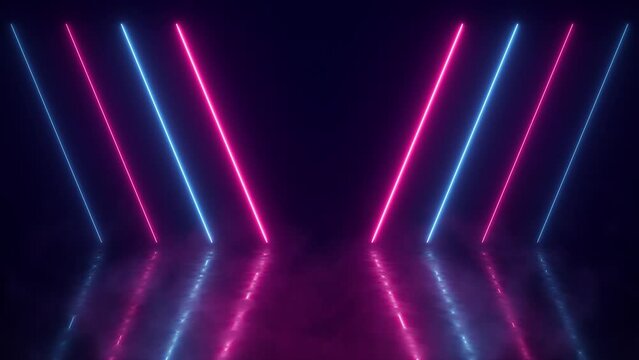 Abstract neon background with colorful beams of light. Futuristic studio concept with bright laser animation and reflective floor. Seamless loop. Futuristic Sci-Fi Abstract Blue And Purple Neon Light 