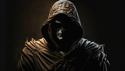 A hooded figure cloaked in draped shadows. Fantasy art. AI generation. - obrazy, fototapety, plakaty