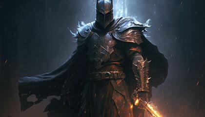 Fototapeta premium An evil knight cloaked in a thick dark armor brings his sword downward with a menacing roar. Fantasy art. AI generation.