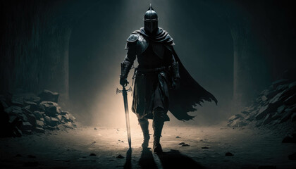 A knight of darkness giving off a chilling aura strides through the shadows his sword ready to strike. Fantasy art. AI generation.