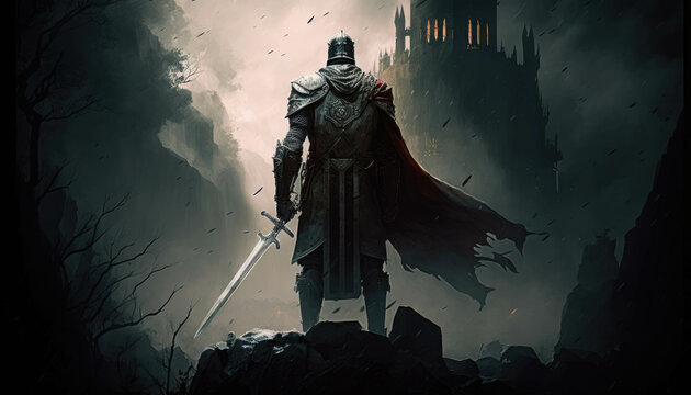 Amidst the shadows of a castle’s battlements a fierce crusader stands with his sword held aloft a menacing portent of the Fantasy art. AI generation.