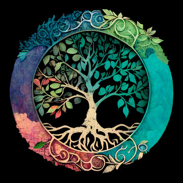 Tree of life, rainbow illustration symbol nature round circle icon environmentalism environmental logo Earth Day element Eden Knowledge Yigdrazil yggdrasil Tree of Knowledge (generative AI, AI)