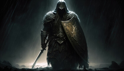 A grizzled warrior dressed in a cape of darkness and an intimidating helmet grips his sword tightly and stalks fearlessly Fantasy art. AI generation.