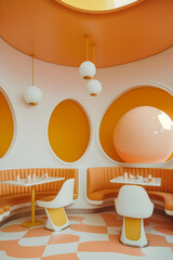 70s Restaurant interior, vintage style, retro colors, Generative AI