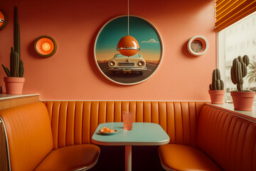 70s Restaurant interior, vintage style, retro colors, Generative AI