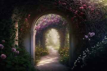 Obraz premium Passage Through a Blossoming Garden of Dreams Generative AI