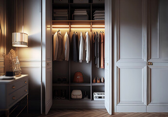 Interior of modern extremely tidy closet as digital interior design illustration (Generative AI)