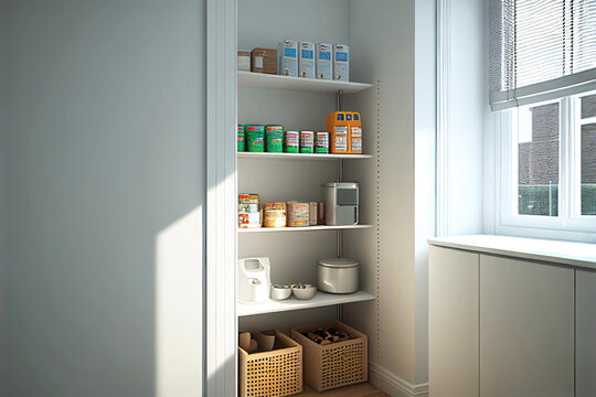 Interior of minimalist kitchen pantry as digital interior design illustration (Generative AI)