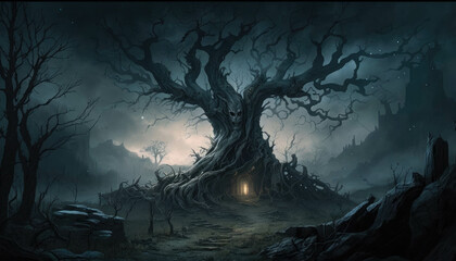 An ancient tree stands in a foreboding forgotten clearing. Fantasy art. AI generation.